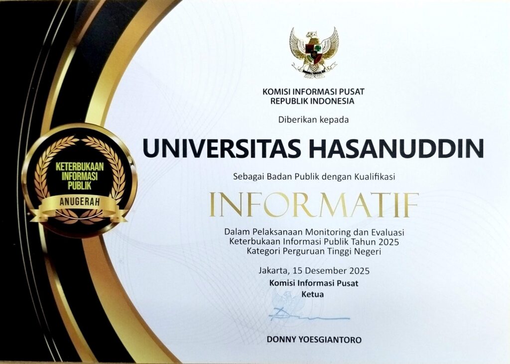 Sertifikat Anugerah Keterbukaan Informasi Publik 2025 dari Komisi Informasi Pusat untuk Universitas Hasanuddin dengan kualifikasi Informatif